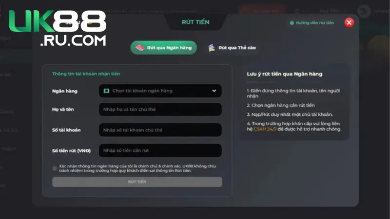 Hướng Dẫn Cách Rút Tiền UK88 Nhanh Chính Xác 1 Rút tiền qua ngân hàng trên UK88